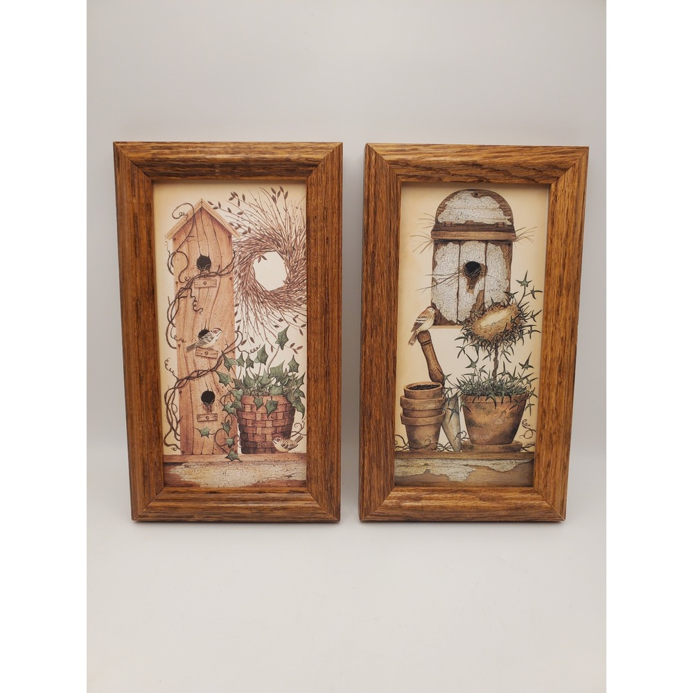 Vintage Linda Spivey Country Folk Art Birdhouse Framed Prints - Set of 2